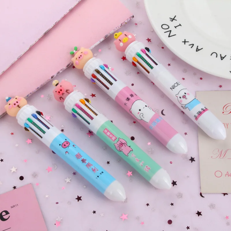 12 Stuks Nieuwe Pig Tien Kleur Balpen Cartoon Student Briefpapier Leuke Multi Color Balpen Gel Pennen