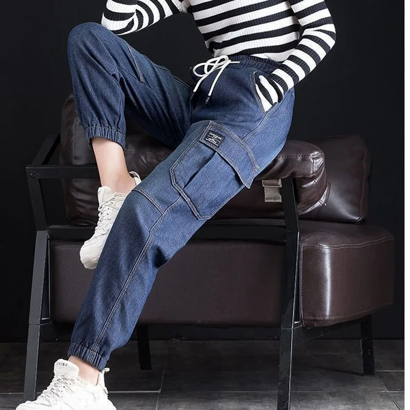 Vintage Woman Jeans Cargo Pants Elastic Waist High Waist Jeans Women\'s Autumn Loose Ankle Banded Jeans for Women Denim Jeans