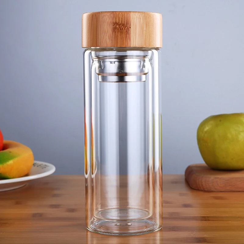 350/450Ml Double Wall Glass Water Bottle Tea Infuser Office Tea Cup Stainless Steel Filters Bamboo Lid Travel Drinkware