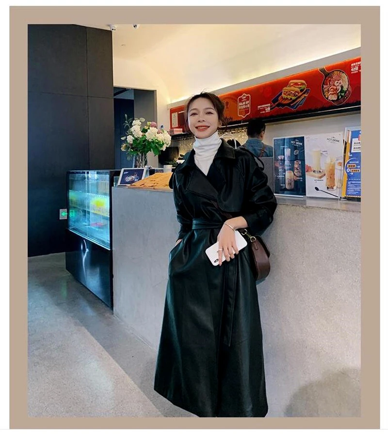 Nerazzurri Spring Black Oversized Long Waterproof Leather Trench Coat for Women 2021 Long Sleeve Loose Korean Fashion Clothing