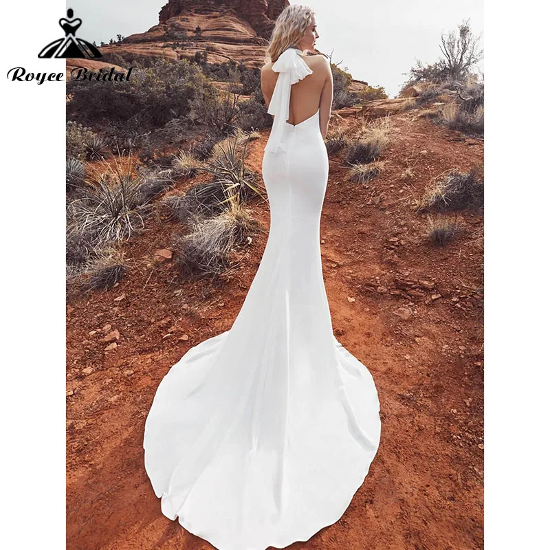 Vestido de novia de sirena con bufanda, prenda sencilla de satén con cuello Halter y espalda descubierta, corte sirena, 2022