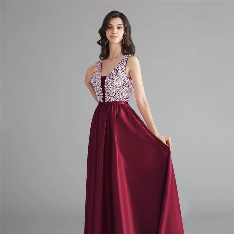 Beauty-Emily Satin Pink Tua Gaun Pengiring Pengantin 2020 V-Leher Berat Manik-manik A-line Pernikahan Pesta Gaun Formal Gaun Robe De SOIREE