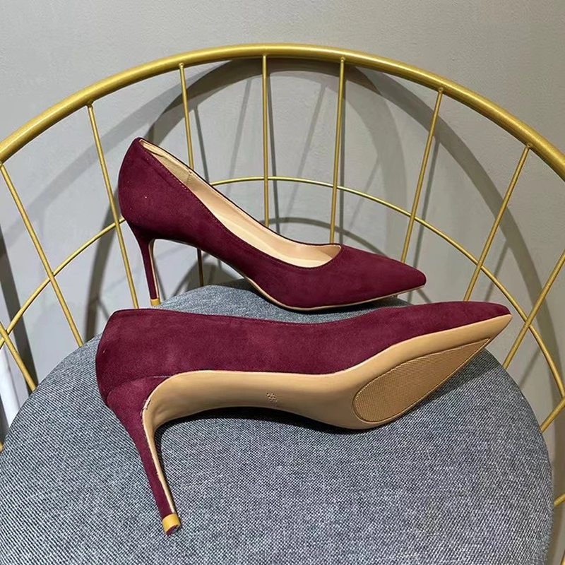 Heelgoo Burgundy stado kobiety Pointy Toe klasyczne szpilki formalne buty eleganckie damskie wino czerwone zamszowe czółenka na szpilkach rozmiar