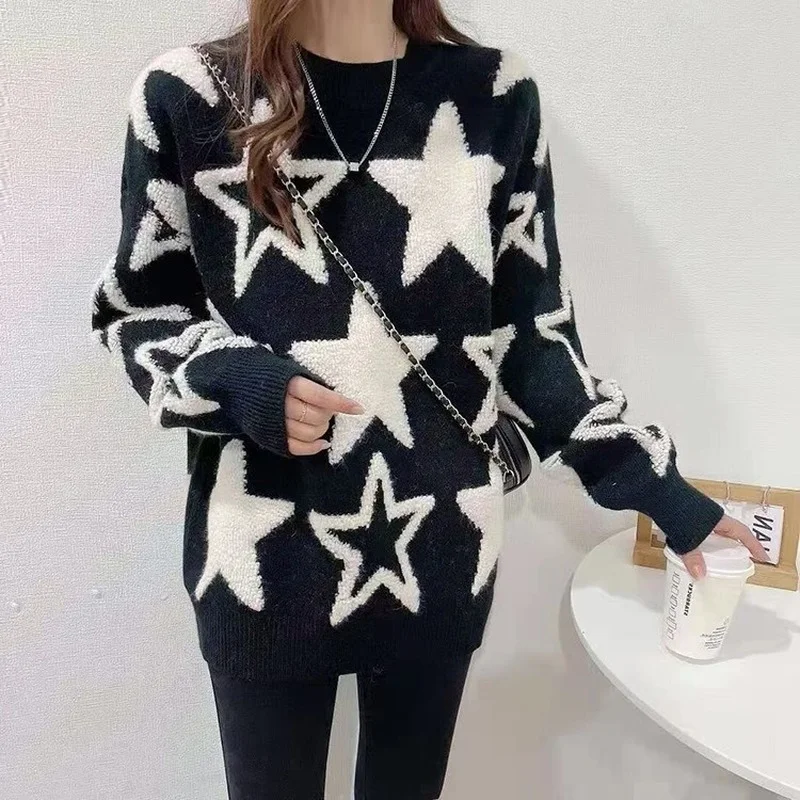 Retro Japanese lazy style five-pointed star sweater women 2023 autumn and winter new fashion thick design knit top crop sweater