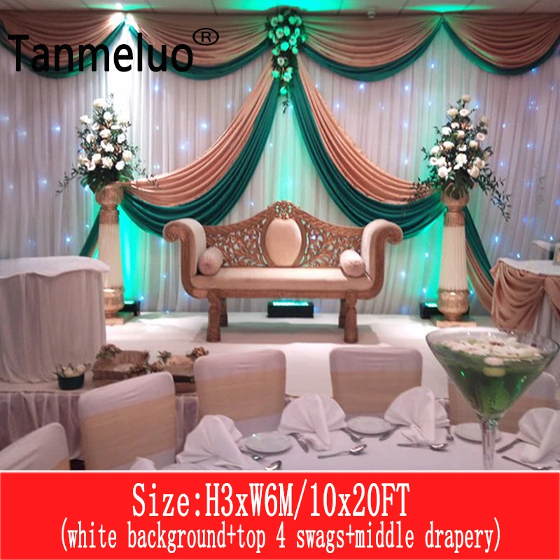 

3*6M/10x20FT Ice Silk White Backdrop Curtain Gold Green Swags Drapery Design Wedding Party Stage Background Drapes Decoration