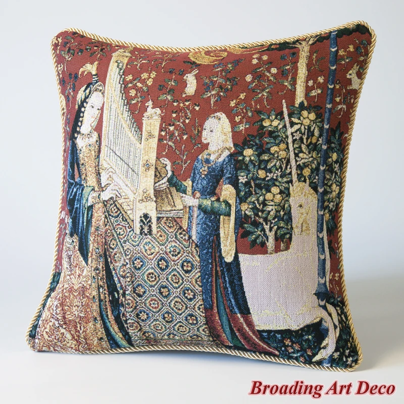 Medieval Tapestry Pillow Cushion Cover Lady & Unicorn - Hearing, Jacquard Weave Decoration Cotton 100% Double Sided Size 45x45cm