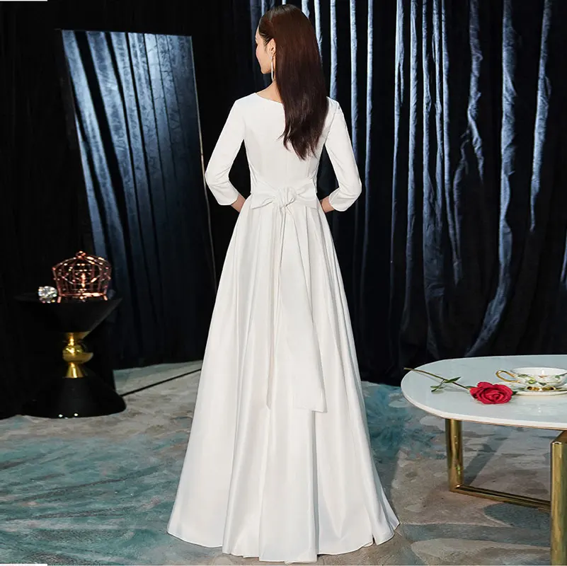 Vestido 간단한 새틴 웨딩 드레스 Vestido De Noiva v 넥 3 분 소매 로브 드 Mariage