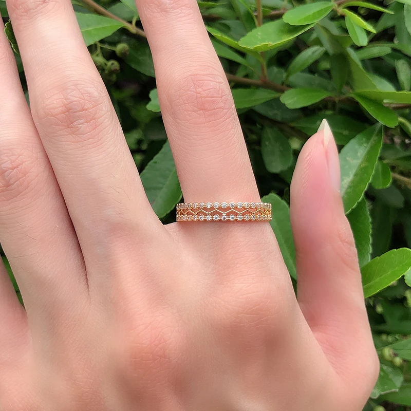 Kinel New Arrivals 585 Rose Gold Ring Double Row Micro-wax Inlay Natural Zircon Hollow Rings Women Wedding Party Fine Jewelry