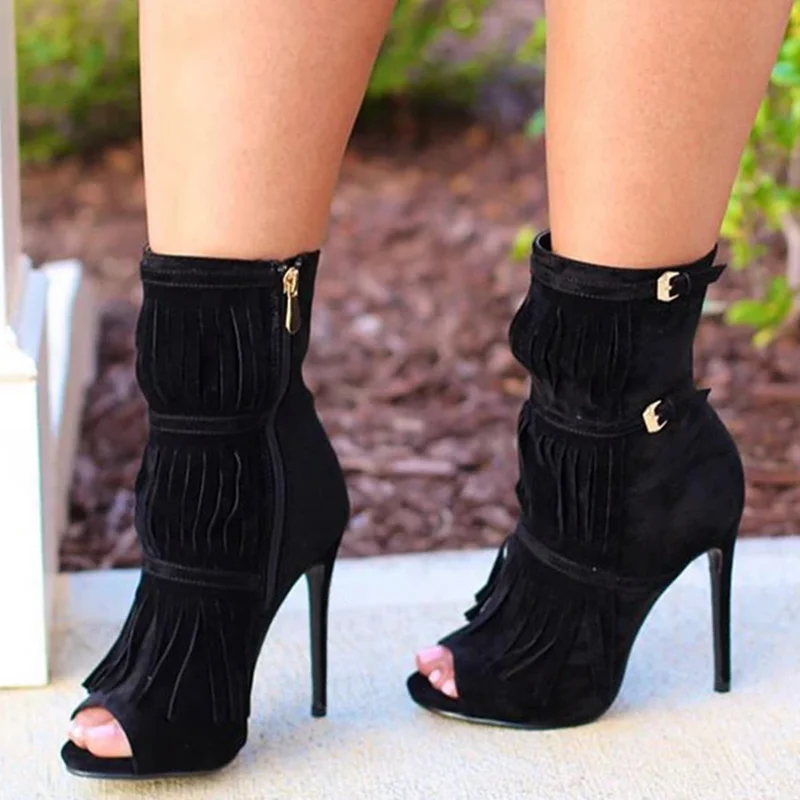 Fashion Designed Fringe Peep Toe Buckle Strap Ornament Women Ankle Boots Lady Dress Shoes High Heel Short Booty Big Size 45