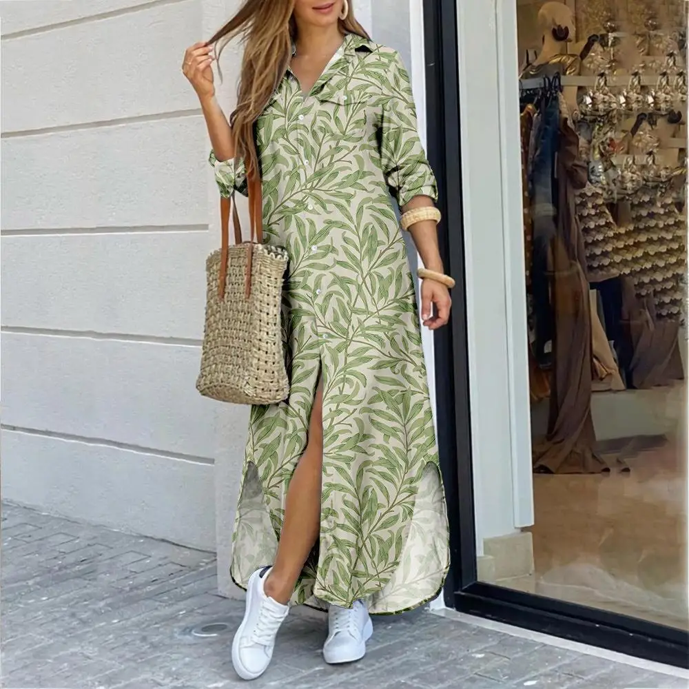 

Women Elegant Print Long Dress Ladies Single Button Spring Party Dress Summer Loose Irregular Maxi Beach Dress A-line Vestidos