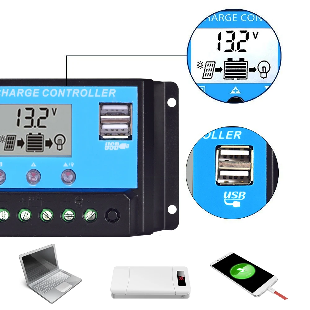 Controller For Solar Panel 12V 24V 10A 20A 30A 40A 50A 60A Solar Regulator PWM Battery Charger LCD Display Dual USB 5V Output