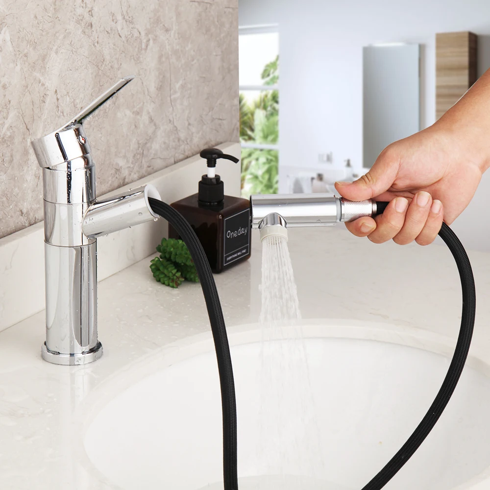 

Chrome Polish Bathroom Basin Mixer Faucet Deck Mounted Stainless Steel Pull Out Stream Spray Hot & Cold Mixer Matte Black Faucet