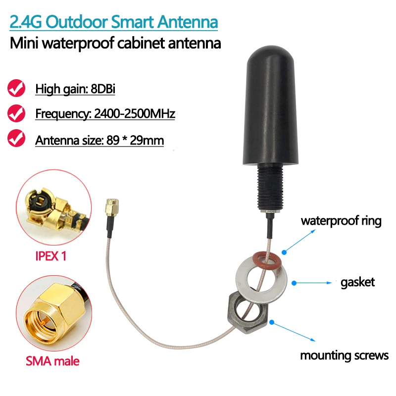 2.4G Omnidirectional Wifi Outdoor Smart Antenna High Gain 8DBi Mini Waterproof Cabinet Cable RG178 20cm SMA Male IPEX Connector