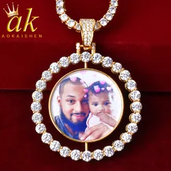 Aokaishen Custom Photo Necklace for Men Ratating Pendants Picture Medallion Real Gold Plated Hip Hop Jewelry 2022 Trend