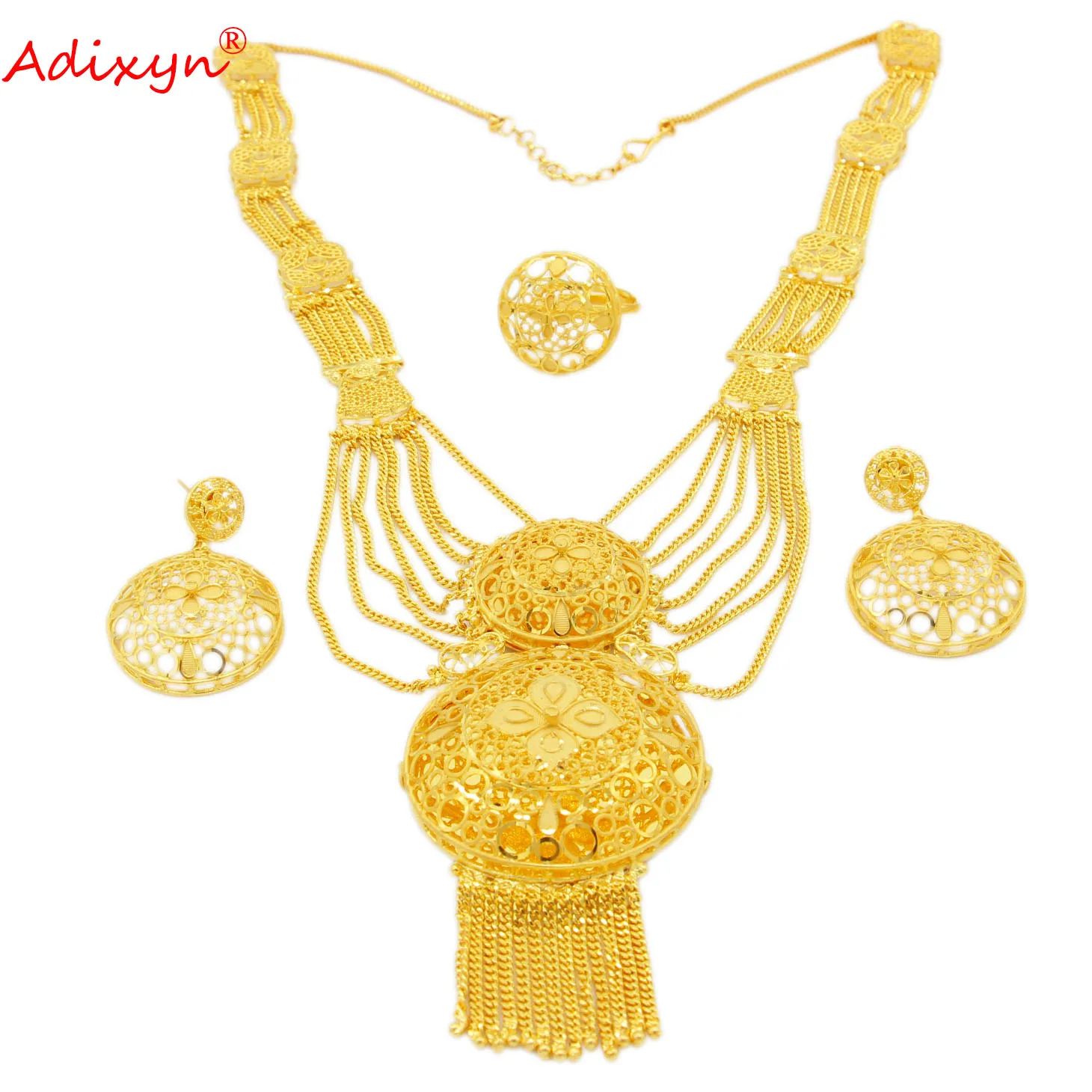 Adixyn Dubai 60cm Chain/Earrings/Ring Jewelry Set 24k Gold Color India African Nigeria Bridal Wedding Gifts N121013