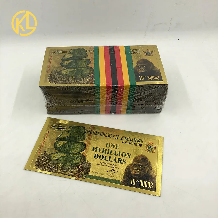 100-1000 pcs Zimbabwe Banknotes one Myrillion Dollars 24K Gold Banknote with UV Light for souvenir and collection gifts