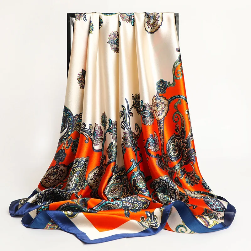 Foulard carré en soie pour femmes, 90x90cm, Foulard de styliste de mode, belles fleurs, en Satin doux, châle, pour le cou