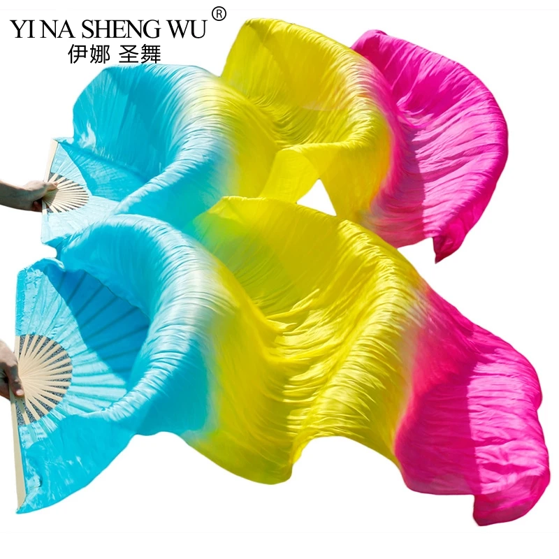 Real Silk/Imitation Silk Bamboo Ribs Long Silk Fans 1Pair Handmade Dyed Silk Fans Belly Dance Performance Fans Mixed Color