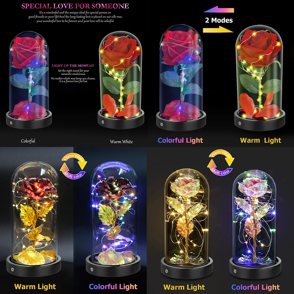 Beauty And The Beast Rose Kit USB Battery Rose in Glass Dome Valentine\'S Day Gift Colorful LED Lights Artificial Rose Flowers