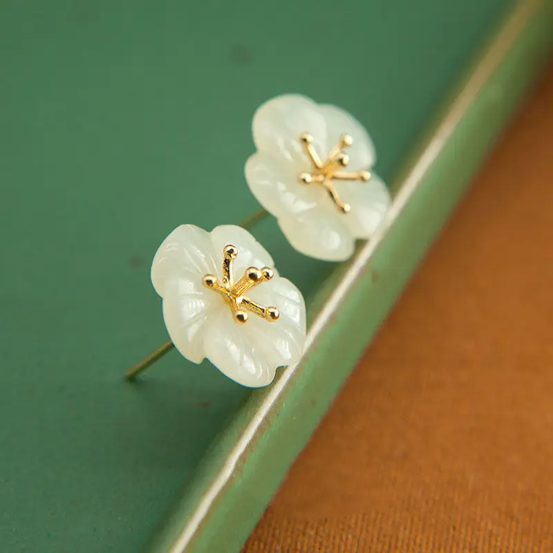 SNew silver Hetian white Chalcedony plum earrings small craftsmanship niche design fairy fresh and lovely women\'s brand jewelry