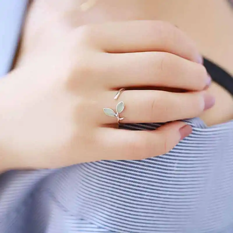 Women's 925 Sterling Silver Green Opal Leaf Open Ring