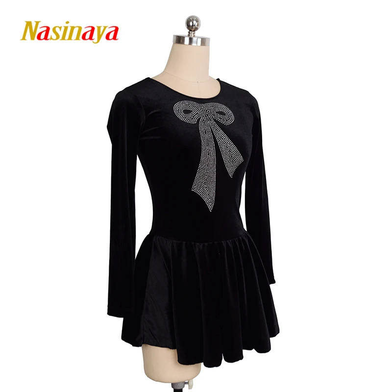 Figure Skating Costume Dress Ice Skating Skirt Black Velvet Bowknot stones for Girl Women Kids Customized size