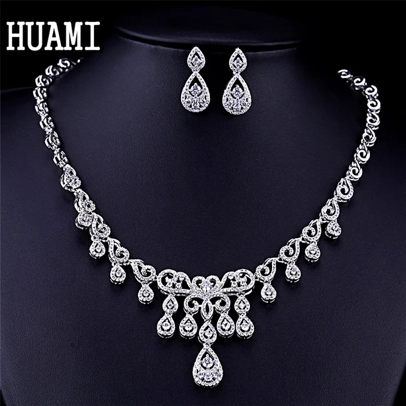 HUAMI Fine Jewelry Sets Necklace Round Drop Earrings for Women Bridal Wedding Cubic Zirconia Silver Color Banquet Bijoux Femme