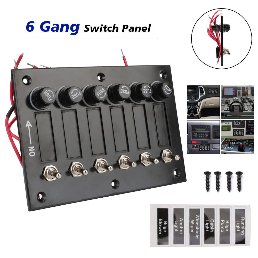 ON/OFF Rocker Toggle Car Switch Panel DC12/24V 6 Gang for Car Marine Ship Caravan RV With Fuse Protection Label Stickers