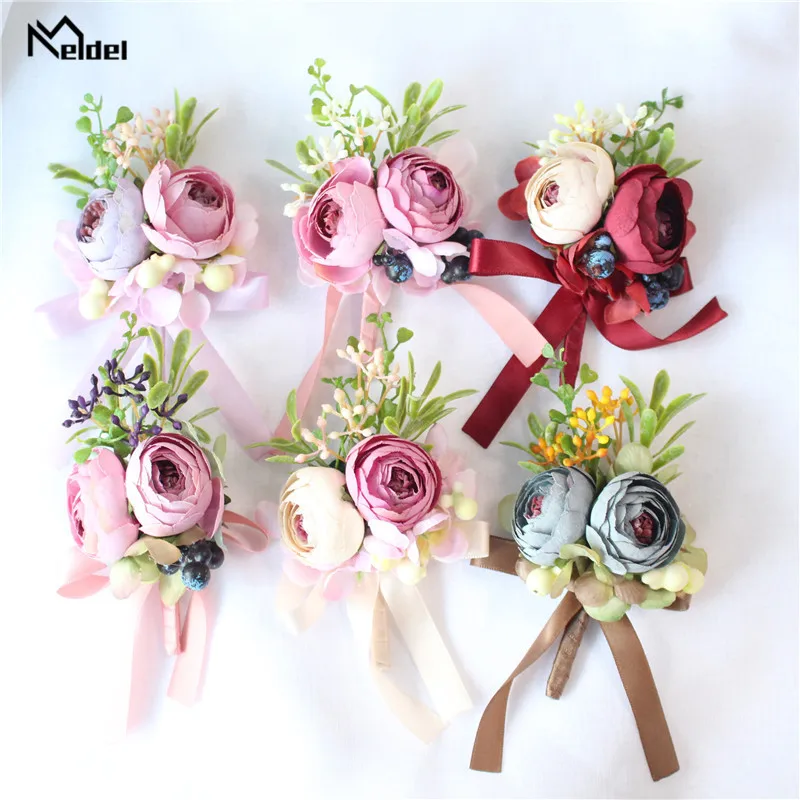 Meldel สีขาวสีชมพูเจ้าบ่าว Boutonniere ผู้ชายผ้าไหม Rose ผู้หญิงเข็มกลัดงานแต่งงาน Corsage PIN ดอกไม้แต่งงานดอกไม้ผ้าไหม Corsages