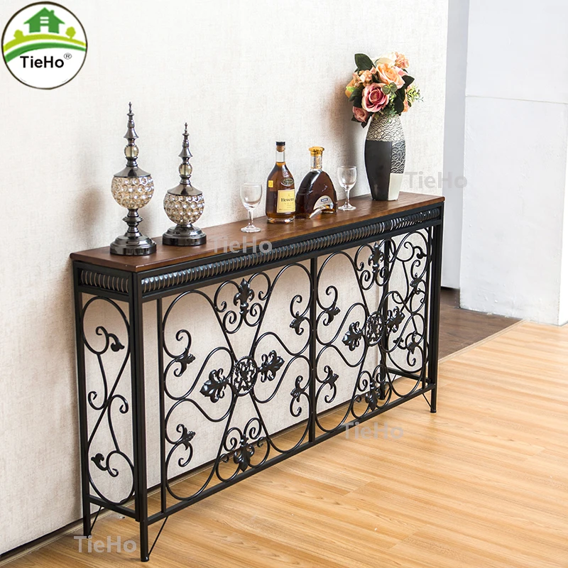 TieHo European-style Iron Console Table Porch Narrow Table Side Cabinet Hallway Furniture Iron Flower Frame Design