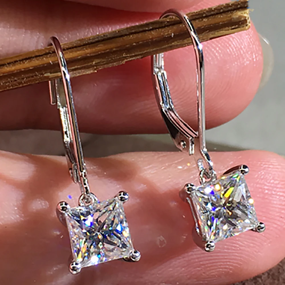 Custom Solid 14K White Gold 6 Carat Drop Clip Earrings Women Wedding Anniversary Engagement Square Princess Moissanite Diamond