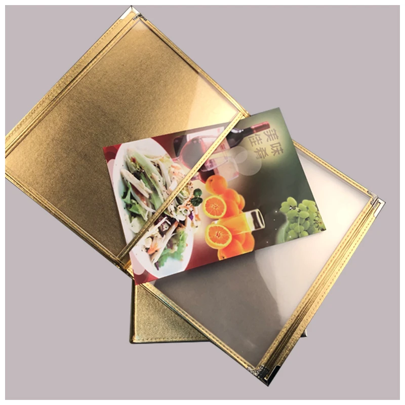 

Hardcover A4 PU Leather Menu Cover Price List With PVC Clear Pocket Gold Brown Black Red White