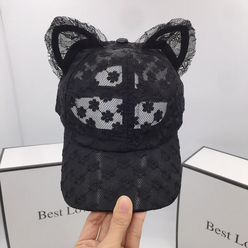 summer youth stereo handmade lace visors for women with cute cat ears baseball caps black leisure shading