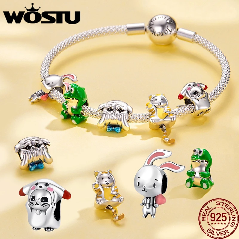 WOSTU Real 925 Sterling Silver Cute Bulldog Crocodile Cat Animal Beads Fit For Original Bracelet DIY Bangle Lovely Gift FIC2008