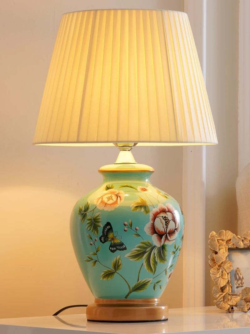 Retro New Chinese Bird and Flower Ceramic Table Lamp Bedroom Bedside Lamp Living Room Bedside Lamp