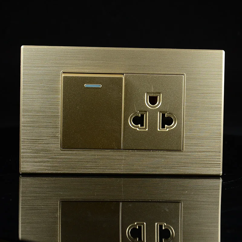 118mm Gold wire drawing American 3-pole Multi-function socket with 1 gang 1way switch household safety power plug 15A