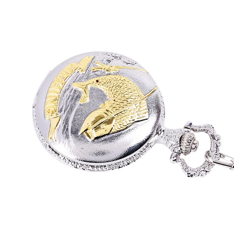 1035Lucky fish pocket watch srebro i złoto karp trend zawieszone ozdoby bogaty znak retro zegarek kieszonkowy kwarcowy z naszyjnikiem