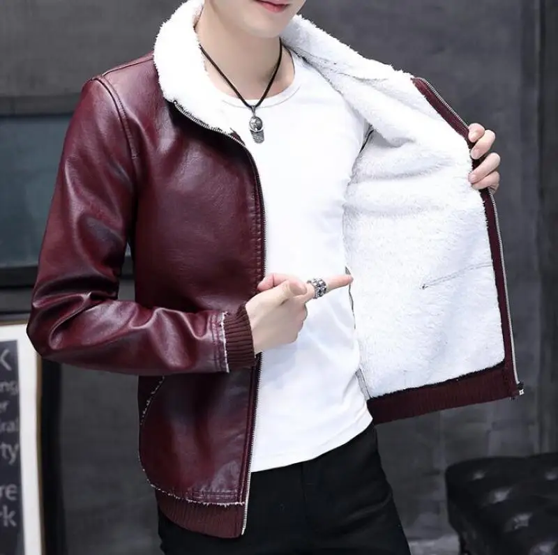 2020 Winter New Men Warm Leather Jacket Fashion Casual Standing Collar Slim PU Leather Thicken Velvet Coat Male Brand Clothes