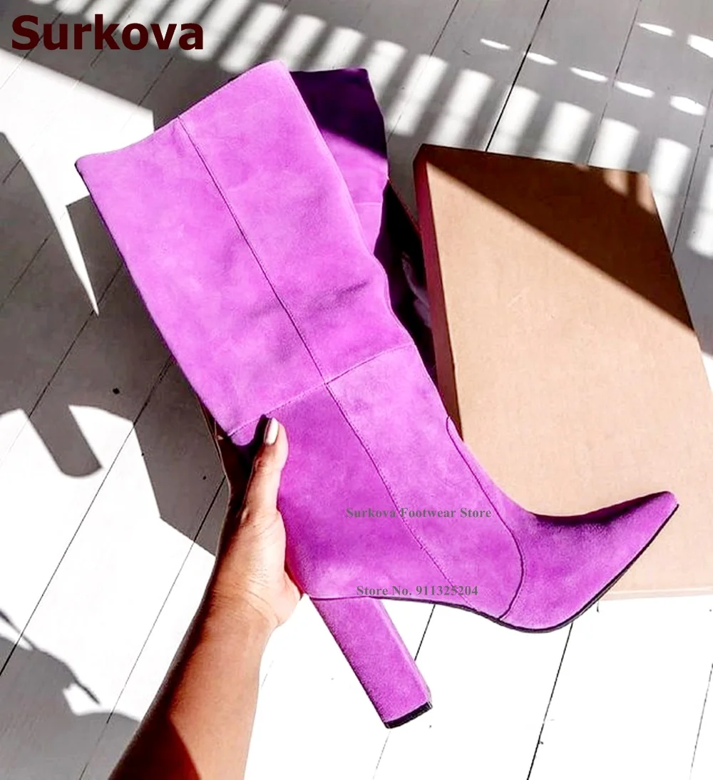 Surkova Lavender Purple Suede Knee Boots Women Chunky Heels Pointed Toe Tall Dress Boots Thick Square Heel Fall Winter Shoes