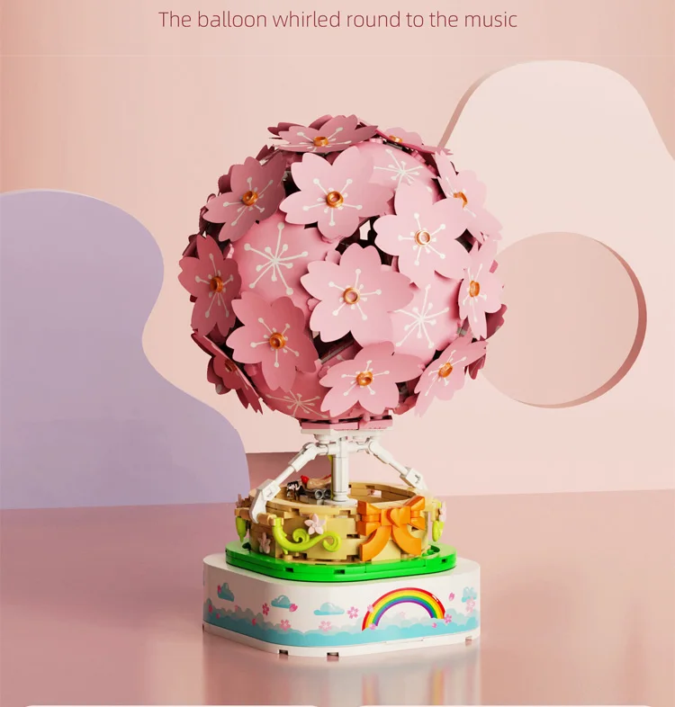 Creative Cherry Blossom Hot Air Balloon Moc Sakura Building Block Model Figures Brick Toy Music Box Collection For Girls Gift