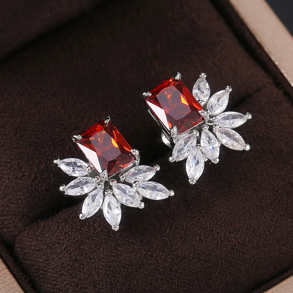 Huitan Luxury Square with Marquise CZ Stone Women Stud Earrings for Party 3 Colors Delicate Gift Dazzling Lady's Wedding Jewelry