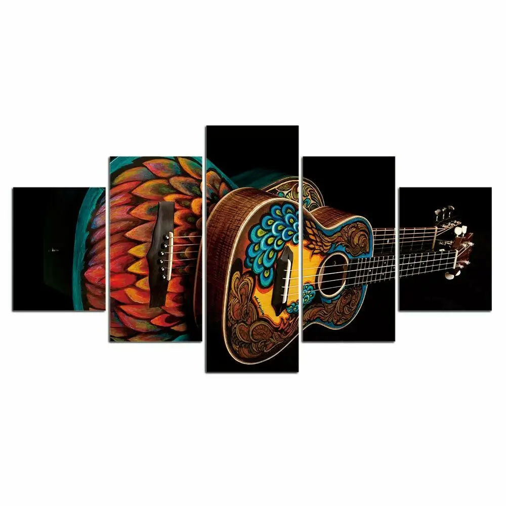 

Abstract Peacock on Guitar 5 Pcs Modern Home Wall Decor Canvas Picture Art HD Print Painting On Canvas for Living Room No Framed