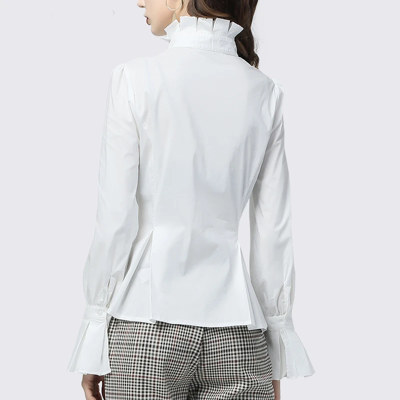 Office Ladies White Shirt Turtleneck Ruffled Cotton Top Pearls Beaded Flared Long Sleeve Plus Size Elegant Slim Work Wear Shirts