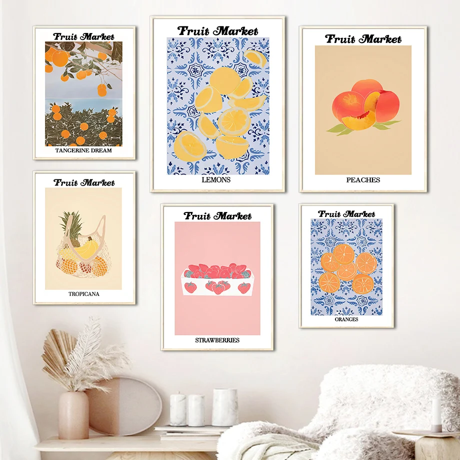 Abstract Fruit Market Strawberry Lemon Pear Wall Art Canvas Painting Nordic Poster And Prints Wall Picture For Living Room Decor