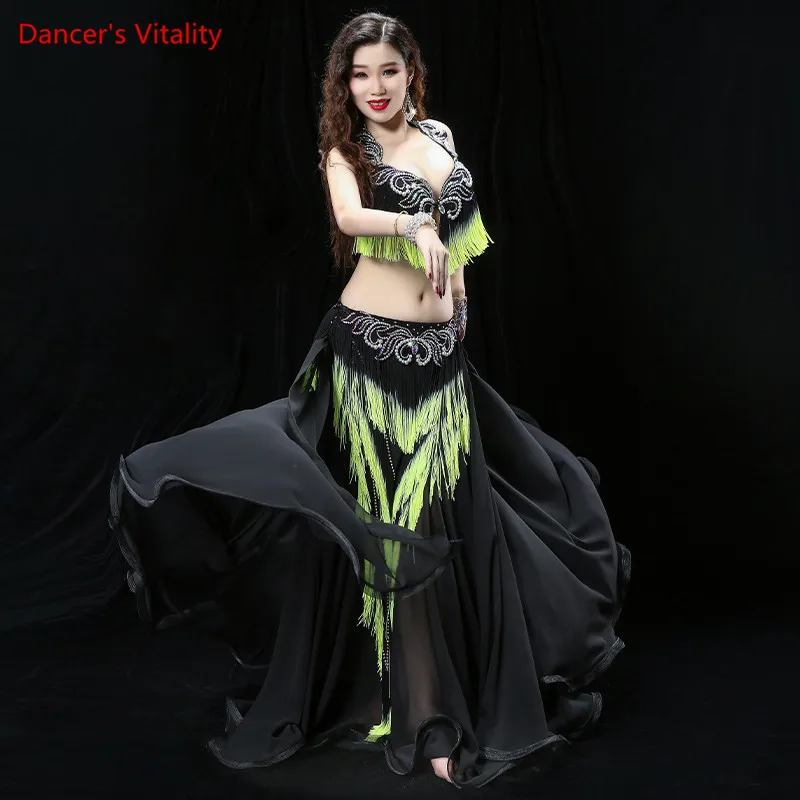 Belly Dance Suit Diamond-Studded Bra+Tassel Belt+ Long Skirt 3-Piece set Female Profession Performance Practice Clothing