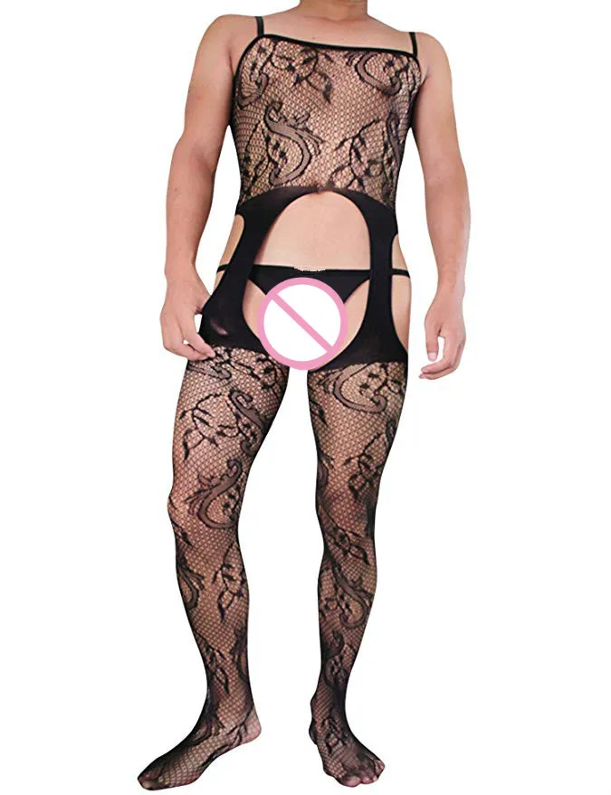 Popular Mens Sleepwear Fishnet Bodysuit Crotchless Body stockings Male Underwear Porno Sexy Lingerie Gay Erotic Teddies Jumpsuit