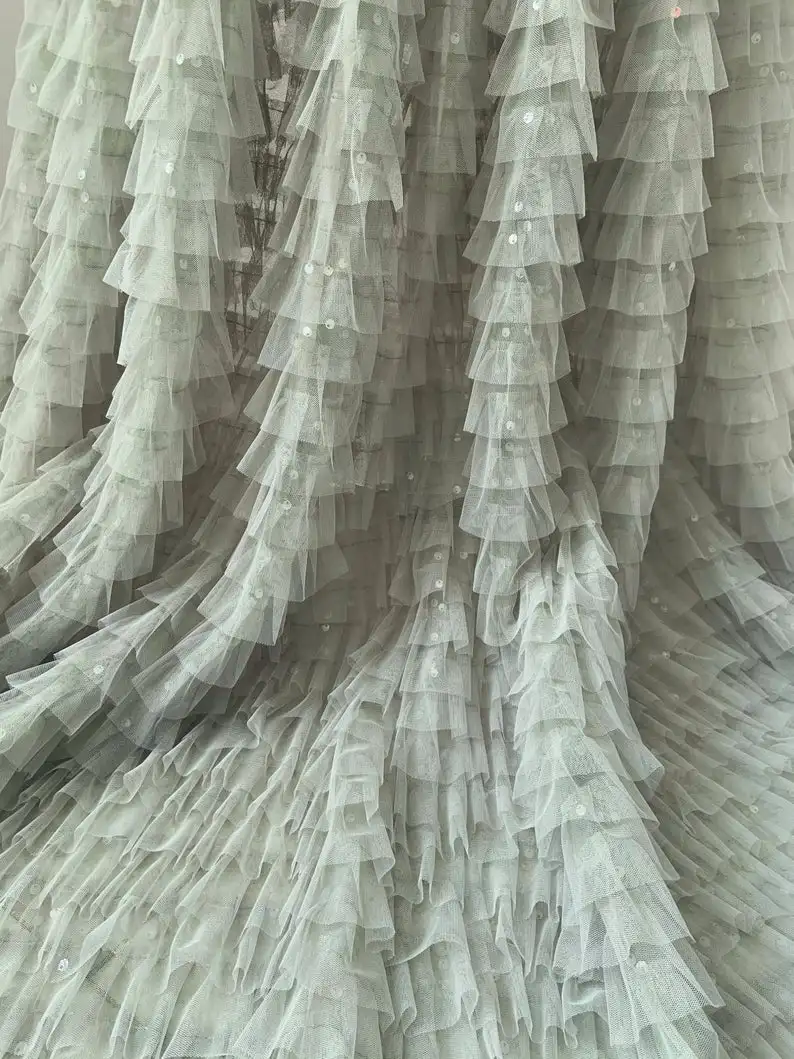 

1 yard Sage Green Ruffle Fabric For Cake Dress With Sequins Frilled Fabric For Tutu Dress, Photography Prop Backdrop