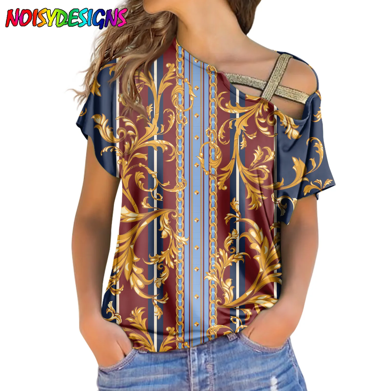 NOISYDESIGNS Shoulder Slope Neckline T shirt Casual Tops Short Sleeve Tshirts Summer Shirt Ladies Euporean Golden Flower T-shirt