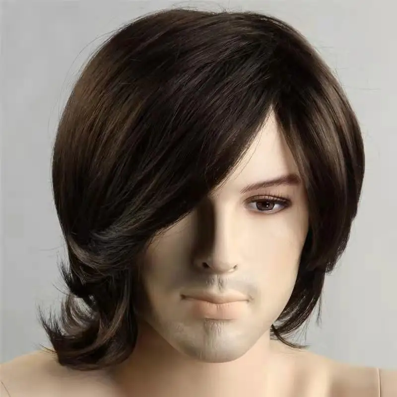 HAIRJOY Men Brown Short Layered Curly Synthetic Hair Wig Male Wigs with Bangs