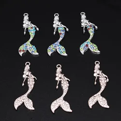 6pcs Handmade Rhinestones Ocean Style Beach Romantic Mermaid Princess Pendants DIY Charms For Jewelry Crafts Making 37*15mm A658